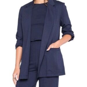 $298 RIPLEY RADER Blue Stretch Ponte Knit Open Blazer Size 4 Large Oversized Top